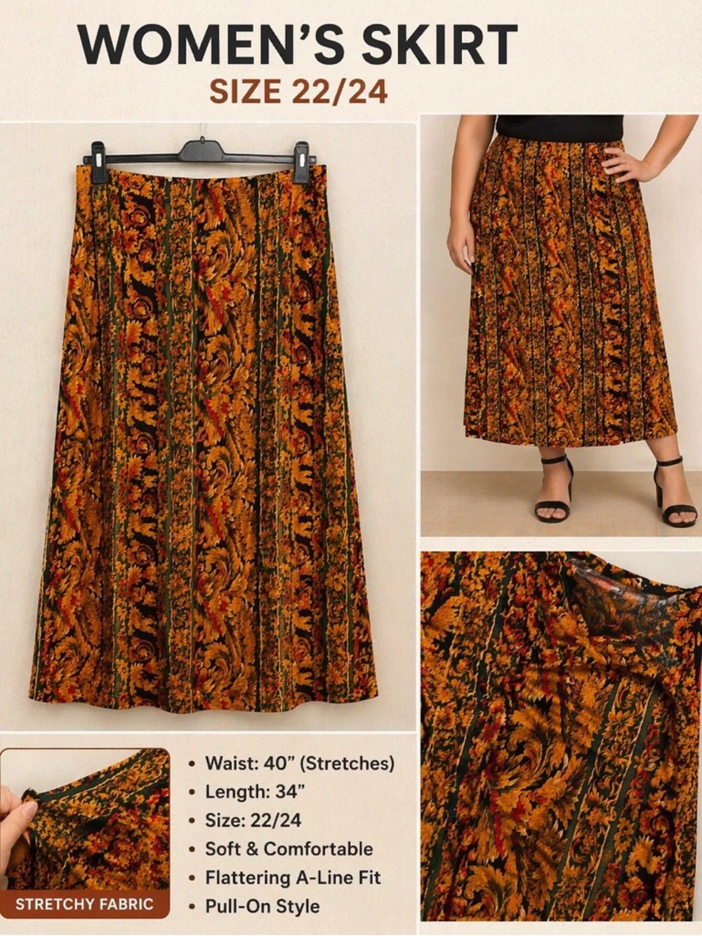 Adrian Jordan Printed A-Line Skirt size 22/24 Waist 40” Length 34” stretchy